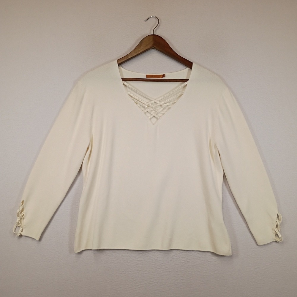 Coquette Belldini Womens XL Cream Beaded Lattice V-Neck Lace Up Cuff Knit Top